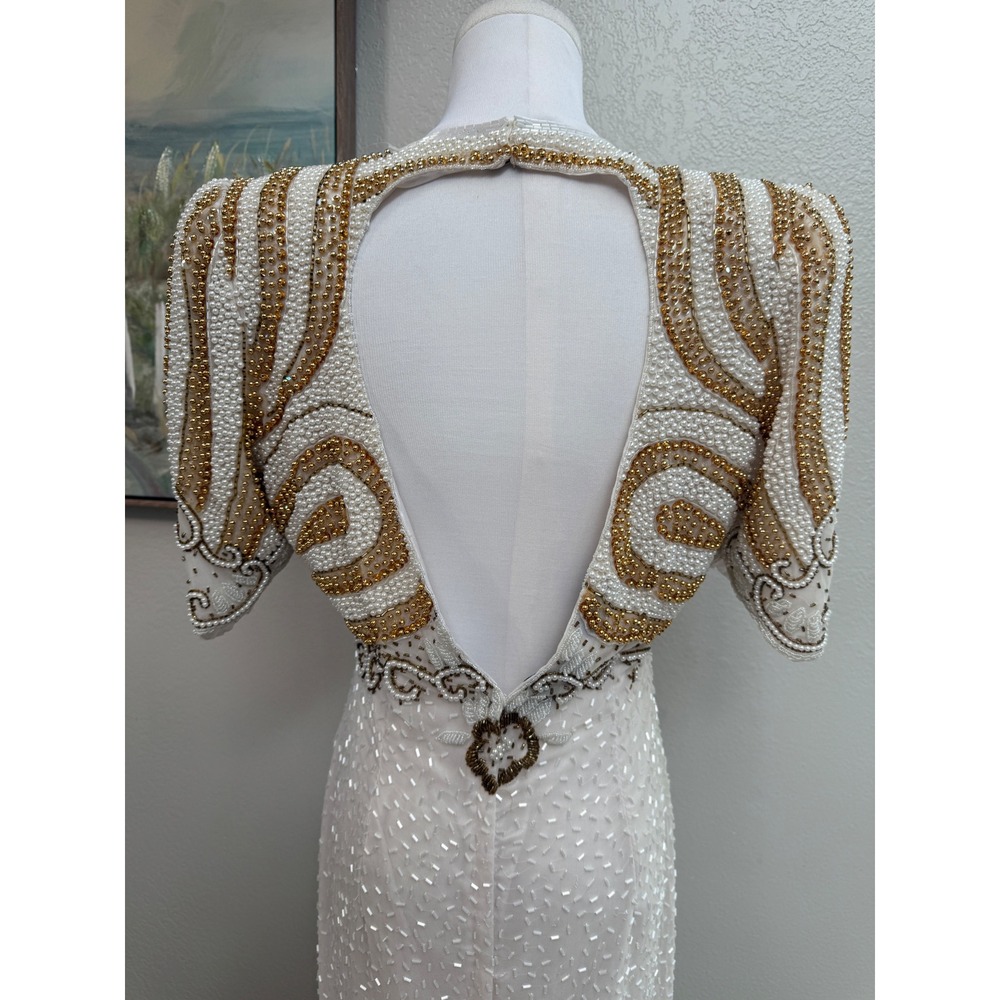 Vintage Jagswear 100% Pure Silk Beaded Pearl Evening Gown Open Back Dress Size L - Picture 6 of 11